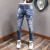 Joior Fashion Streetwear Men Jeans Retro Black Blue Elastic Slim Fit Ripped Jeans Men Spliced Designer Embroidery Hip Hop Denim Pants