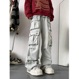 Light Blue Cargo Jeans Men's Patchwork Straight Casual Trousers Men Muti-pockets Hip Hop Streetwear Loose Fashion Pants