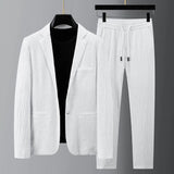 Joior 2Pcs Men Blazer Pants Set Spring Fashion Suit Stripe Pleats Long Sleeve Turndown Collar Jacket Drawstring Trousers for Wedding