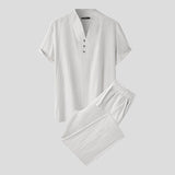 Joior Casual Well Fitting Suits  New Men's Solid Short Sleeve V-Collar Tops Trousers Simple All-match Two-piece Sets S-5XL