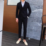 Joior New Fashion Men Suits Blue Peak Lapel and Belt Linen Men's Clothing Smart Casual Groom Wedding Slim Fit 2 Piece Blazer Pants