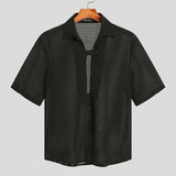 Joior Casual Simple Style Tops New Men Textured Slightly See-through Blouse Fashion Solid Chest Slit Short Sleeve Shirts S-5XL