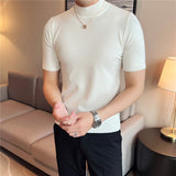 Joior Autumn High Quality Short Sleeve Knitted T Shirts  Men Slim Solid Pullovers Half Turtleneck Casual Stretched Tee Shirt Homme