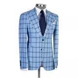 3 Piece Blue Checked Suit Blazer Trousers Plaid Men Suit Set Jacket Pants Vest Men'S Wedding Clothing Dinner Party Wear Outfit