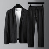 Joior 2Pcs Men Blazer Pants Set Spring Fashion Suit Stripe Pleats Long Sleeve Turndown Collar Jacket Drawstring Trousers for Wedding