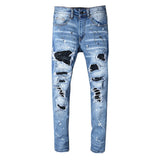 Joior Men's Rhinestone Crystal Patchwork Light Blue Ripped Jeans Slim Fit Skinny Stretch Denim Pants