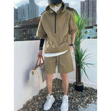 2Pcs Men Summer Tracksuit Shorts Set Hooded T Shirt Zipped + Matching Shorts Solid Cargo Large Size Casual Suit 4XL Male Clothes