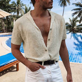 Knitted Cardigan Shirts Spring Summer Men's Lapel Poloshirt Thin Short Sleeve Sexy V Neck Buttons Male Clothing