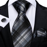 Joior Black Plaid Ties For Men 8cm Width Silk Mens Business Wedding Neck Tie Set Pocket Square Cufflinks Gravatas Homens Cravatta