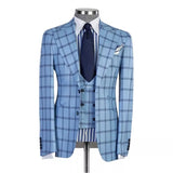 3 Piece Blue Checked Suit Blazer Trousers Plaid Men Suit Set Jacket Pants Vest Men'S Wedding Clothing Dinner Party Wear Outfit