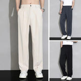 Joior Men Suit Pants Men Ice Silk Casual Long Men Pants Elastic Waist Buttons Men Trousers Wide Leg Draped Thin Business Trousers