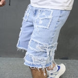 Joior Summer Men Streetwear Ripped Patch Denim Shorts Stylish Solid Casual Straight Male Jeans Five-point Pants