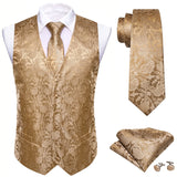 Joior 4PC Mens Extra Silk Vest Party Wedding Gold Paisley Solid Floral Waistcoat Vest Pocket Square Tie Suit Set