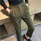 Joior British Style Autumn New High Waist Dress Pants Men Belt Design Slim Fit Suit Pants Formal Office Social Wedding Party Trousers