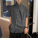 Joior 2024 Men Striped Shirt Stand Collar Short Sleeve Summer Streetwear Men Clothing Pleated Fashion Casual Male Shirts S-5XL