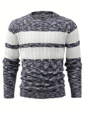 Joior All Match Knitted Color Block Sweater, Men's Casual Warm Mid Stretch Round Neck Pullover Sweater For Fall Winter