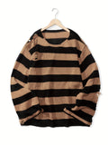 Joior All Match Knitted Ripped Striped Sweater, Men's Casual Warm Slightly Stretch Crew Neck Pullover Sweater For Fall Winter