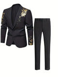 Floral Print Formal 2 Pieces Set, Men's One Button Suit Jacket & Dress Pants Suit Set For Business Dinner Wedding Party