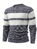 All Match Knitted Color Block Sweater, Men's Casual Warm Mid Stretch Round Neck Pullover Sweater For Fall Winter