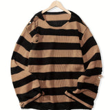 Joior All Match Knitted Ripped Striped Sweater, Men's Casual Warm Slightly Stretch Crew Neck Pullover Sweater For Fall Winter